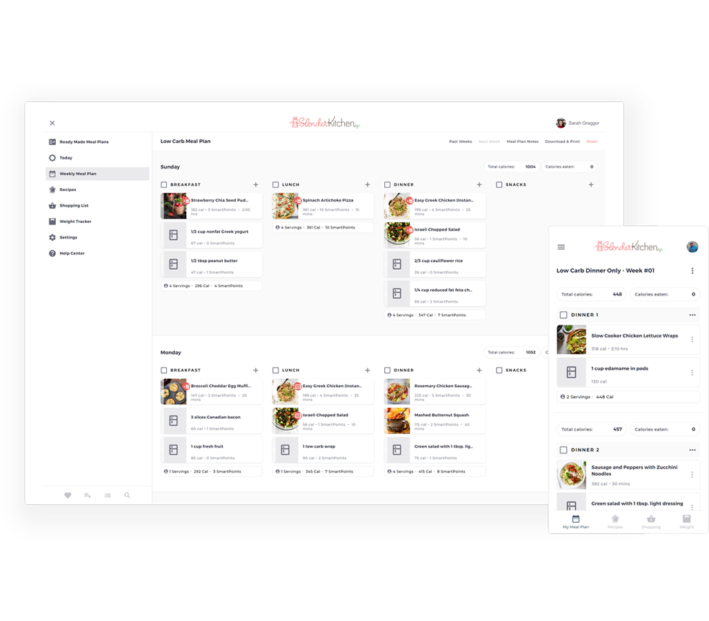 Planevery meal-planning platform on desktop and mobile, with recipes organized into daily meals.