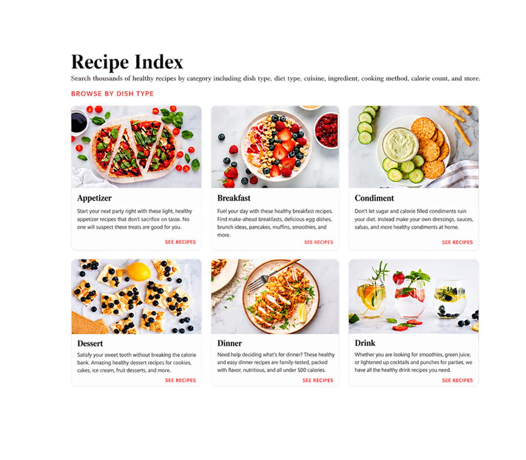 Slender Kitchen Recipe Index with food photography across breakfast, dinner, appetizers, and other recipe categories.