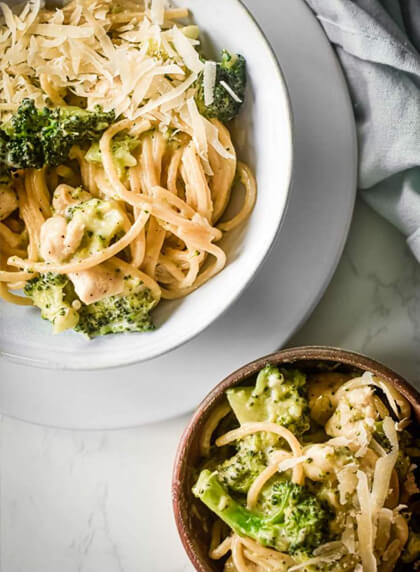 Creamy chicken and broccoli pasta.
